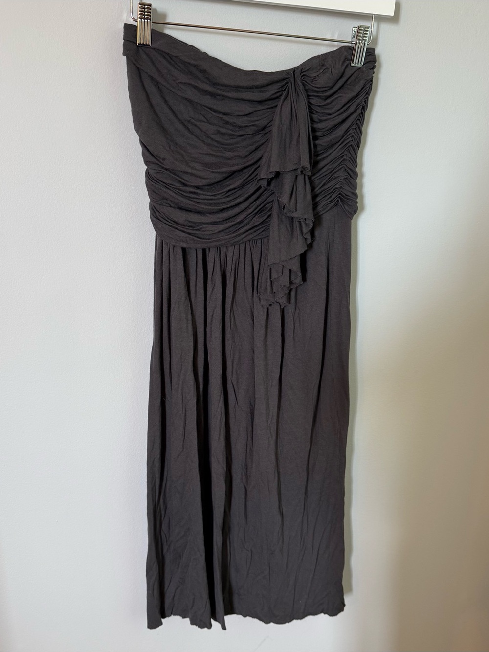 J. Crew Strapless Grey Ruched Maxi Dress with Ruffle Detail